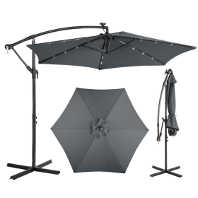 10FT Round Banana Hanging Patio Umbrella With 18 LED Lights, 6 Iron Ribs, Iron Straight & Curved Pole, Waterproof Polyester Canopy, With Stand...