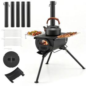 Portable Foldable Wood Burning Tent Stove With 5 Sections Chimney, Heavy Duty Carbon Steel Camping Stove With View Window & Cooking Racks For Out (Option: 5-Section Chimney Stove Kit)